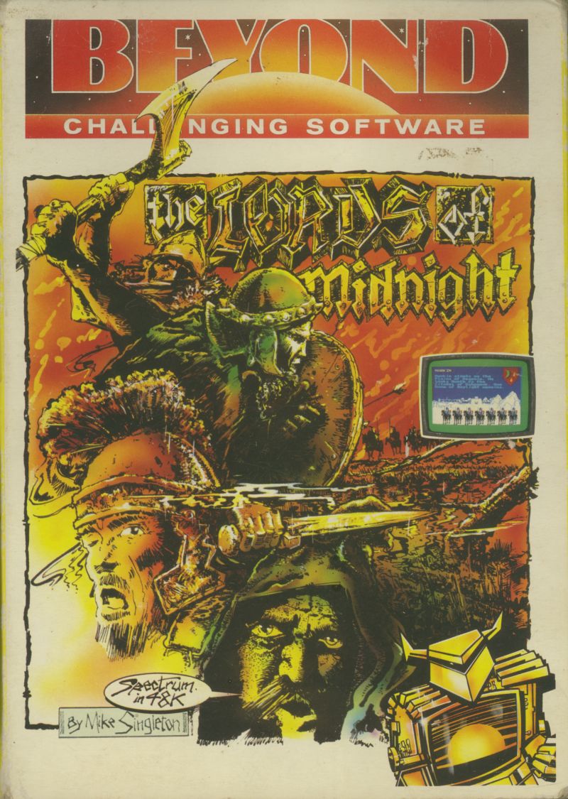 The Lords of Midnight ZX Spectrum box art, Beyond Software, 1984 - fantasy warriors in gold and green