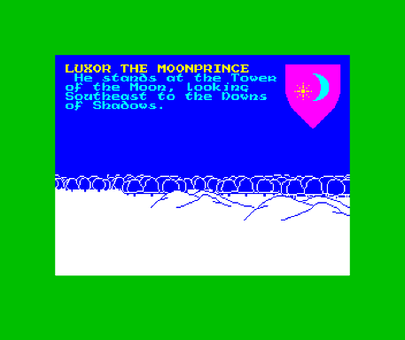 The Lords of Midnight ZX Spectrum gameplay: Luxor the Moonprince at the Tower of the Moon, showing the iconic landscaping engine