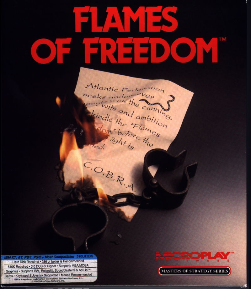 Midwinter II Flames of Freedom PC/DOS box art, MicroProse, 1991 - burning letter and shackles with spy thriller theme
