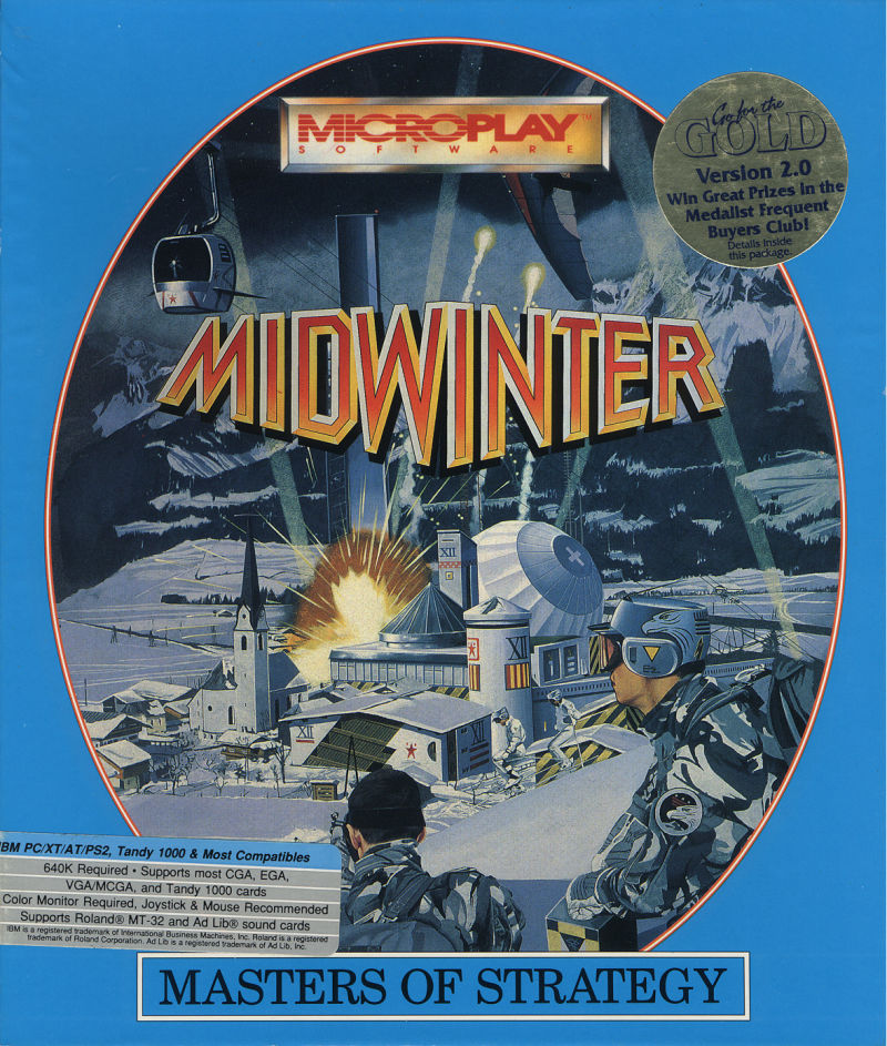 Midwinter PC/DOS box art, MicroPlay Software, 1989 - ski soldier in winter combat scene